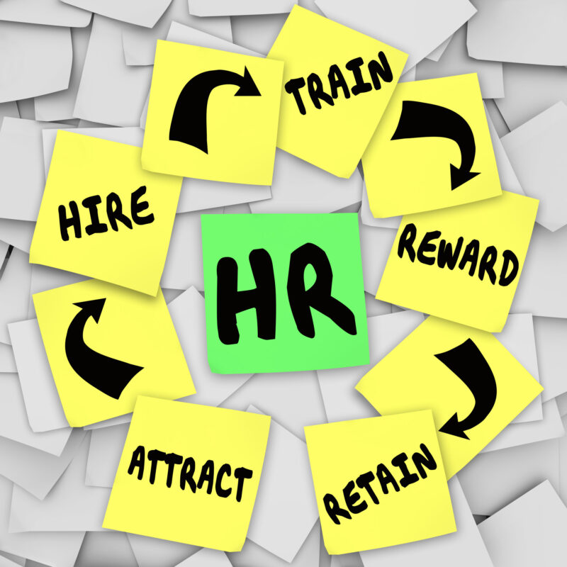 HR or Personnel words on a sticky note surrounded by advice on how to get and keep new employees or workers -- attract, hire, train, reward and retain